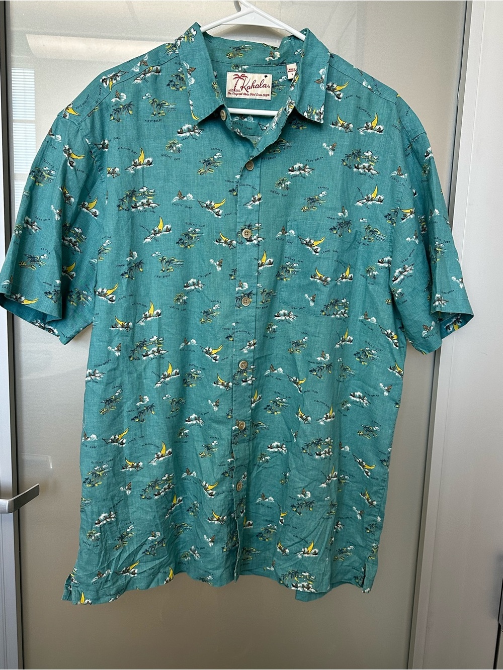 Kahala "Waikiki Surf" heritage button-down shirt linen-cotton blend Teal Large